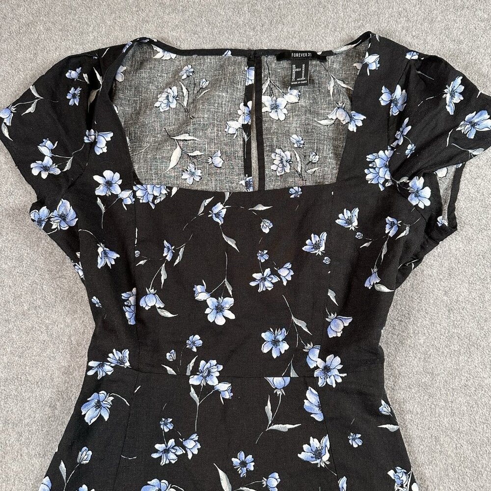 Floral Mini Dress Womens M Black Blue Fit Flare Cutout Back Square Neck - Picture 3 of 12